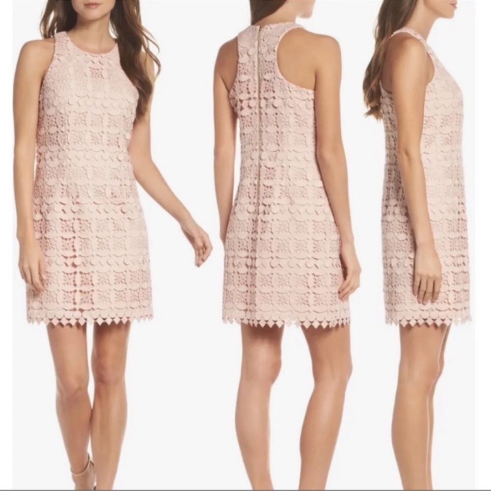 NEW! Eliza J Blush Pink Overlay Crochet Lace Racerback Shift Dress